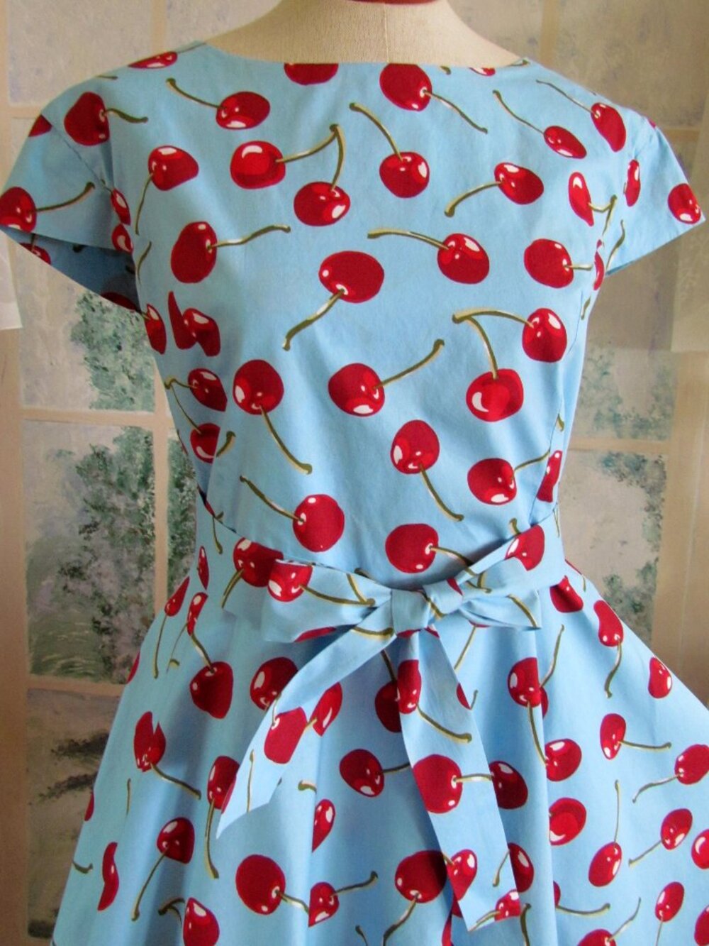 FIT 'N FLARE CHERRY DRESS, RETRO 50s, L-XL, SWING SKIRT, TURQUOISE, RED CHERRIES - Picture 4 of 5